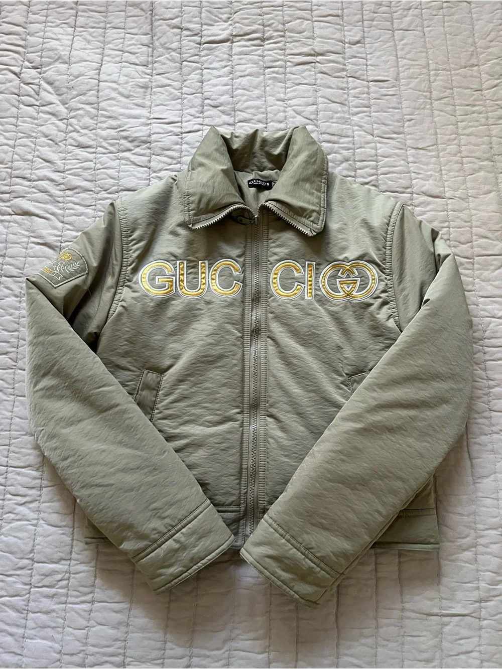Gucci Light Khaki Embroidered Logo Bomber Jacket with Gold Accents